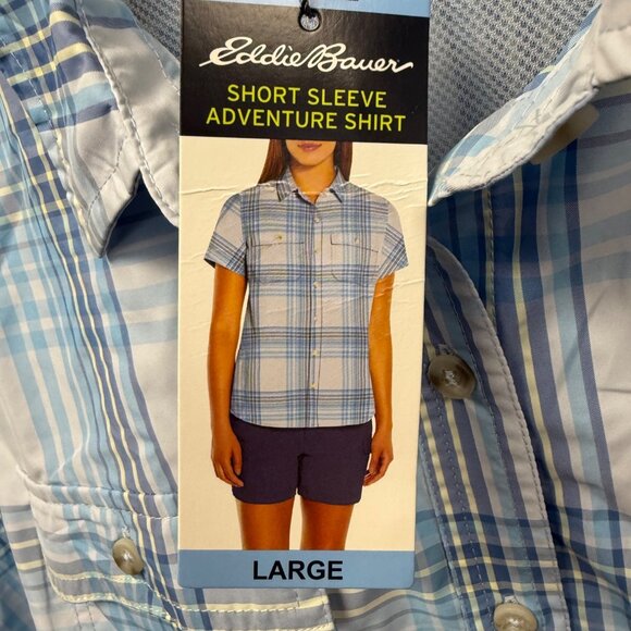 Eddie Bauer Short Sleeve Adventure Shirt Large Blue Plaid Quick Dry Lightweight - Picture 4 of 6